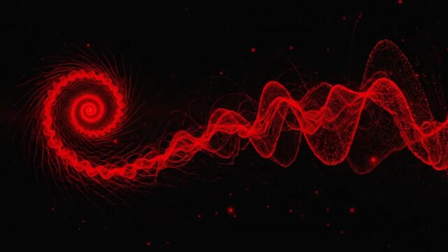 Red Particle Vortex and Wavy Flowing Energy Lines on Dark Background
