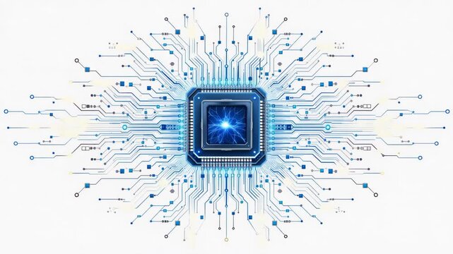 Blue glowing microchip with circuit lines radiating outward on white background