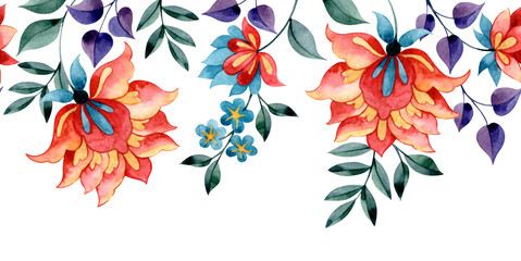 Floral border, watercolor seamless frame in oriental style. Abstract bright flowers. © Tatiana