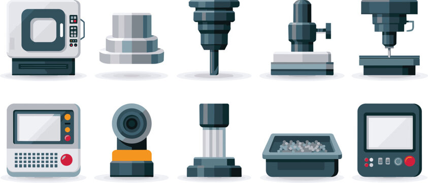 CNC Machine Components and Controls Vector Icons