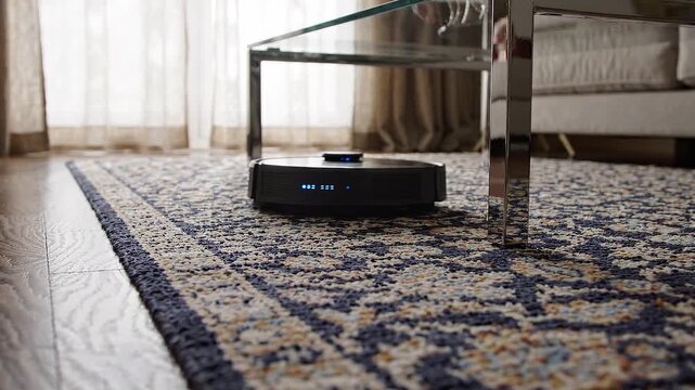 Robot vacuum cleaner moves across patterned rug under glass table in bright living room, navigating hardwood floor edges and furniture legs while blue indicator lights glow softly nearby.