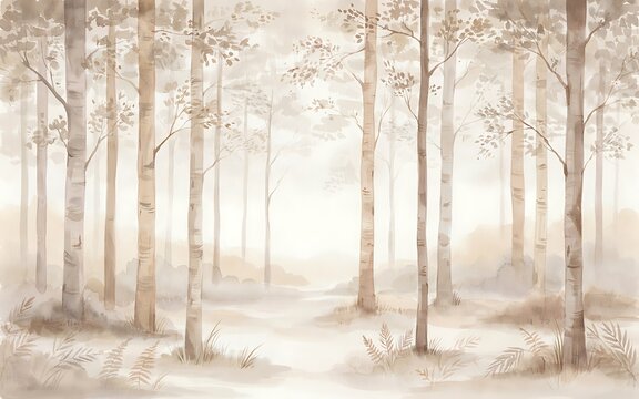 Watercolor forest landscape with birch trees in soft beige tones