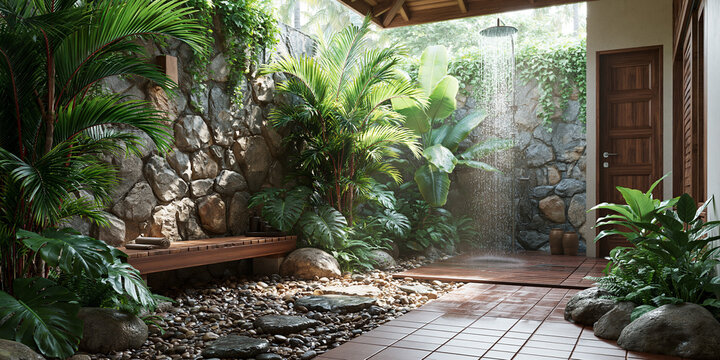 Tropical outdoor stone shower surrounded by plants