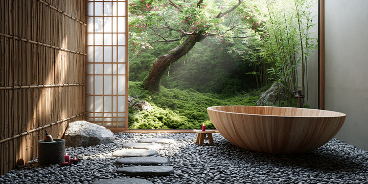 Zen bathroom with wooden bathtub and garden view