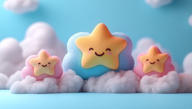 Three smiling star characters on clouds, blue background, smiling stars cartoon stars