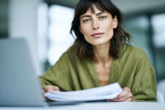 Woman in green blouse holding papers