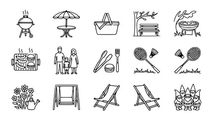 Summer Outdoor Activities Icons Set: Picnic, BBQ, Garden, Sports, Relaxation