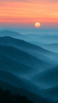 Serene sunrise or sunset over hazy mountain ridges