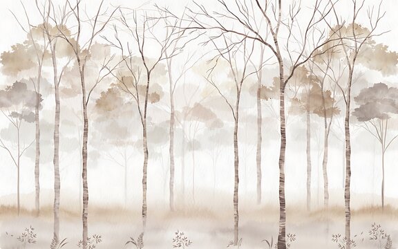 Watercolor forest landscape with birch trees in misty fog