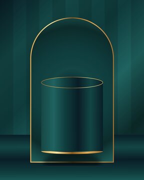 Luxury Emerald Green 3D Cylinder Podium with Golden Arch Background