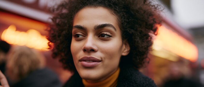 Close-up portrait of a woman in a bustling city