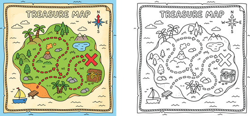 Naklejka premium Kids treasure map coloring page set with colored island map template, adventure path with volcano, ship, chest and compass rose for children education vector illustration