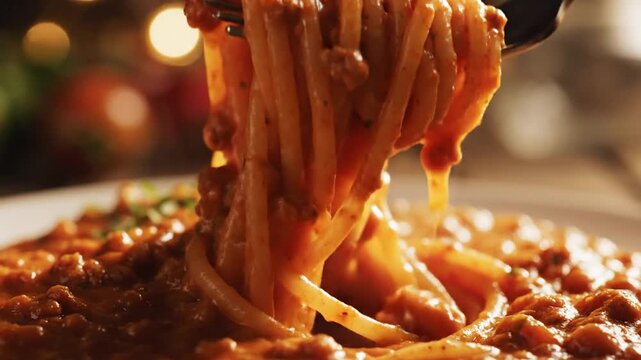 Macro close-up of steaming hot spaghetti pasta swirled on a metal fork with thick red bolognese meat sauce and green garnish on a plate with warm bokeh lights and tomatoes.