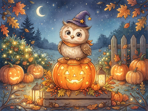 Cute owl wearing a wizard hat sitting on a glowing jack o lantern in an autumn garden