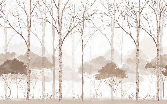 Watercolor birch forest wallpaper mural with misty trees