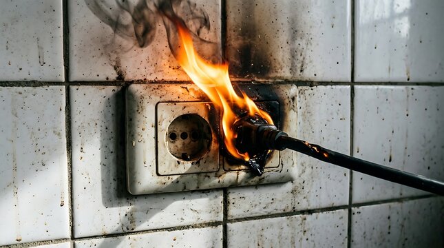 Electrical fire hazard, burning plug in dirty wall socket