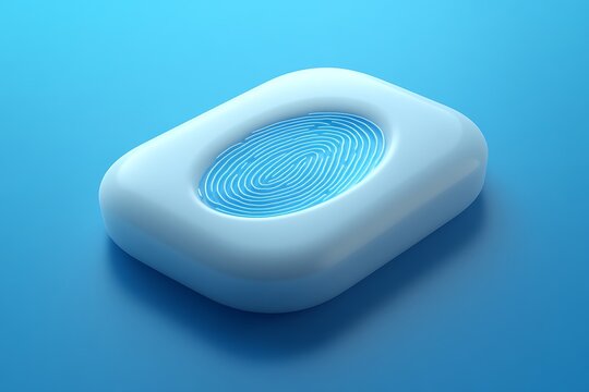 White, rounded rectangle with blue fingerprint scan on a gradient blue background, white rounded rectangle