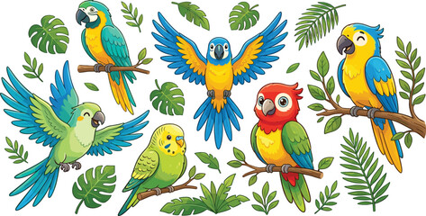 Cute tropical parrots and birds collection featuring cartoon macaws budgie and parakeet with jungle palm leaves vector illustration set © Nesar