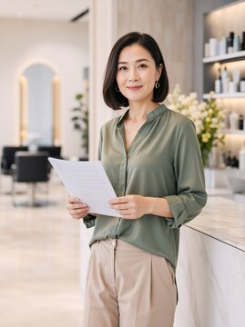Asian small business owner holding a document in a hair salon. Professional woman manager standing in a modern beauty spa. Entrepreneurship and service concept