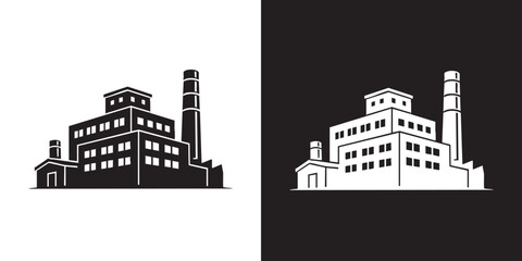 Fototapeta premium Minimalist Black and White Factory Silhouette with Segmented Smokestack - Modern Industrial Plant Icon, Simple Manufacturing Building Symbol, and Clean Production Facility Vector Graphic