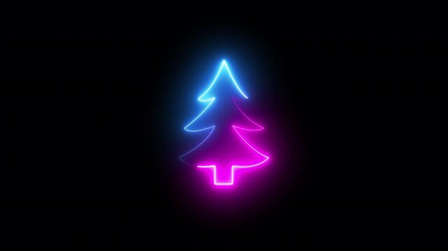 Merry Christmas and Happy New Year greeting neon video card. Christmas Tree from neon shining lights, moving blue and pink glowing lines on both sides, holiday animated background