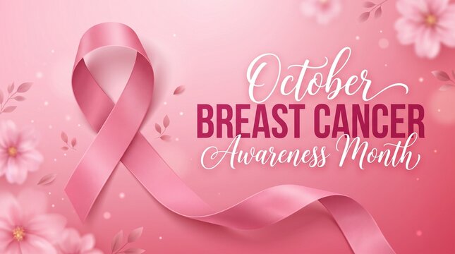 Breast cancer awareness month pink ribbon illustration with floral elements for october