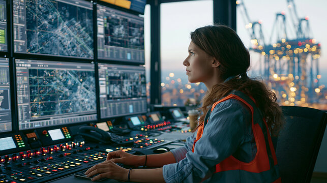 Engineer monitoring a port microgrid control room