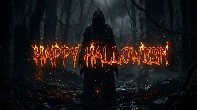 Grim reaper standing in a dark haunted forest with fiery burning happy halloween text in the foreground