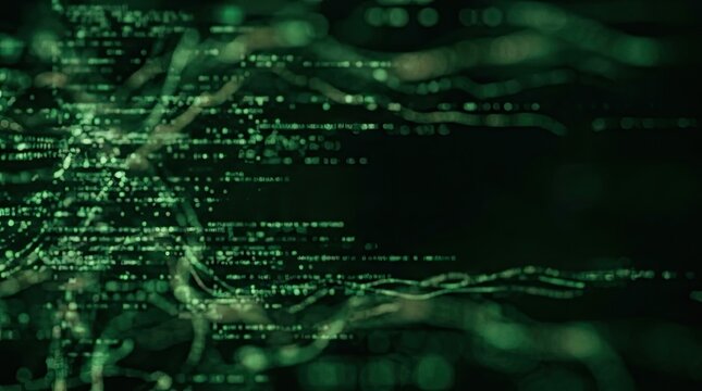 Abstract Digital Green Data Flow Network Background with Cyber Code Effect and Bokeh Lights