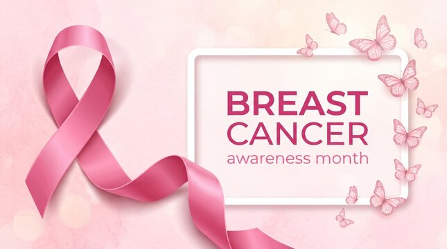 Breast cancer awareness month pink ribbon and butterflies for support hope