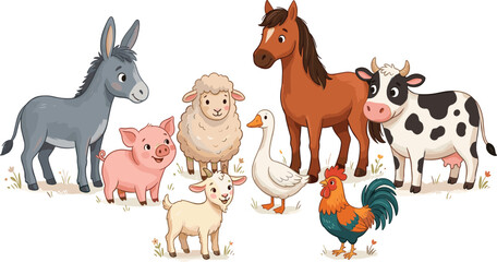 Cute farm animals collection featuring cartoon cow horse pig sheep donkey goat rooster and goose vector illustration set © Nesar