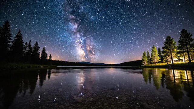 Milky Way galaxy and a bright meteor with tail reflecting in a calm mountain lake surrounded by evergreen pine trees under a clear night sky with numerous stars and nebula.