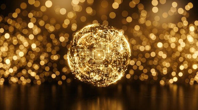 AI Brain: Golden Digital Sphere with Circuitry, Data Network, and Futuristic Technology Background