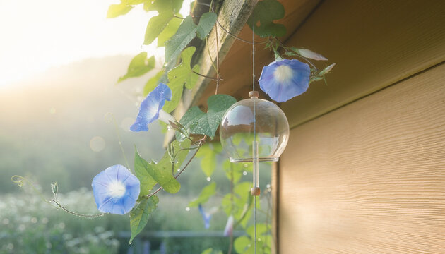 朝顔と風鈴が彩る日本の夏を感じる涼やかな軒先風景