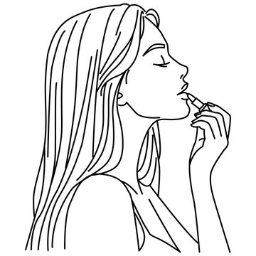 girl in profile applies lipstick to her face with a line drawing