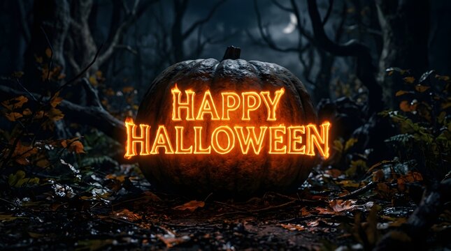 A large carved pumpkin in a dark, misty forest with the words happy halloween glowing in fiery orange letters