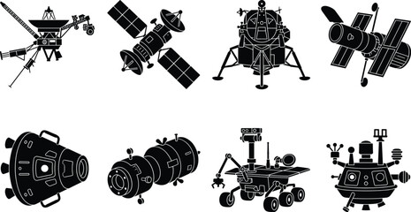 Space Exploration Silhouette Icon Set with Satellites, Rover, Lander and Spacecraft © Biplob Creators