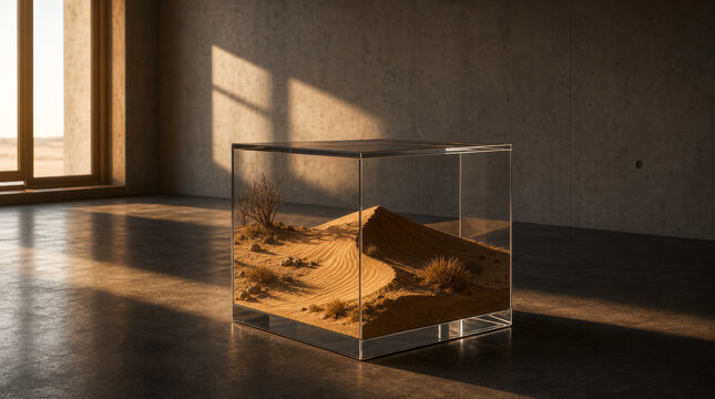 Surreal commercial conceptual shot of a large transparent glass cube resting on a dark concrete floor in a minimalist gallery, featuring a miniature detailed desert sand dune inside with realistic win
