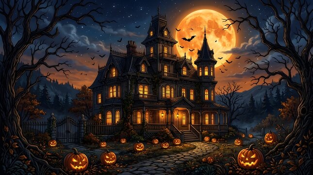 Haunted mansion with glowing pumpkins under a large full moon in a spooky night landscape