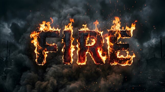 The word fire written in burning, flaming 3d letters emerging from thick dark smoke and embers, cinematic disaster concept