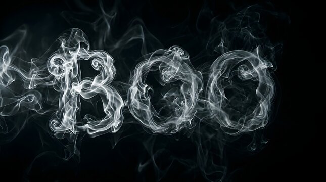 The word boo formed from swirling white smoke against a solid black background, spooky halloween typography design
