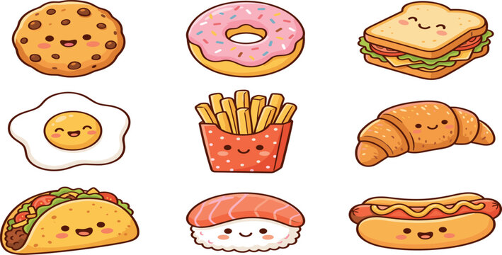 Cute cartoon fast food and breakfast collection featuring cookie donut sandwich fried egg french fries croissant taco sushi hot dog vector illustration set