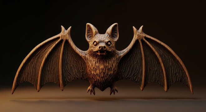 Detailed close-up of a brown bat with outstretched wings, showcasing its intricate features against a dark background.