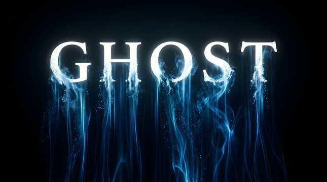 Ghost text effect with blue ethereal smoke and glowing particles on a black background