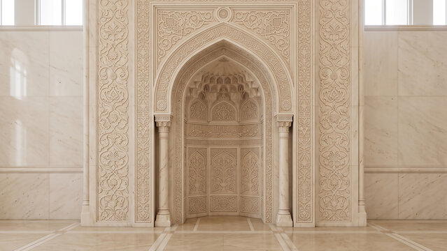Refined marble Islamic mihrab niche featuring elegant carved ornamentation, symmetrical composition, and timeless architectural beauty.