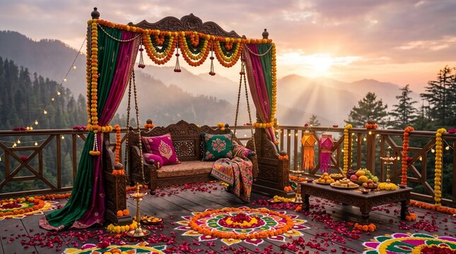 Happy Hariyali Teej Festival Poster Design with A festive beautifully adorned marigold decorated swing (jhula) and diya lamps with intricate floral 