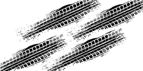 Obraz premium Tire tread marks, drift, motorsport, motocross, rally, tread mark with skid, grinding, splash effect. Graphic set of tire treads, wheel texture, car racing. Vector collection, wheel treads on asphalt