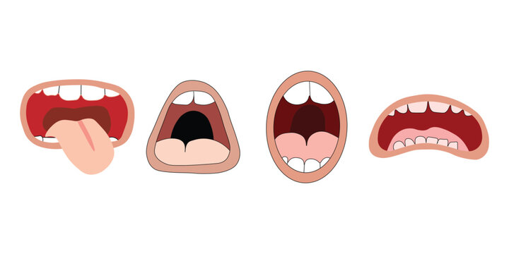 Cartoon mouth expressions set with open lips and teeth, funny character facial features vector, human mouth anatomy icons for animation and design