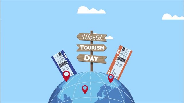 World tourism day animation featuring wooden signposts on a globe with flying airplane tickets in this motion video clip