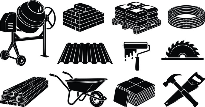 Construction Materials Collection Vector Set with Cement Mixer Bricks Concrete Blocks Corrugated Sheets Wheelbarrow Circular Saw and Builder Tools